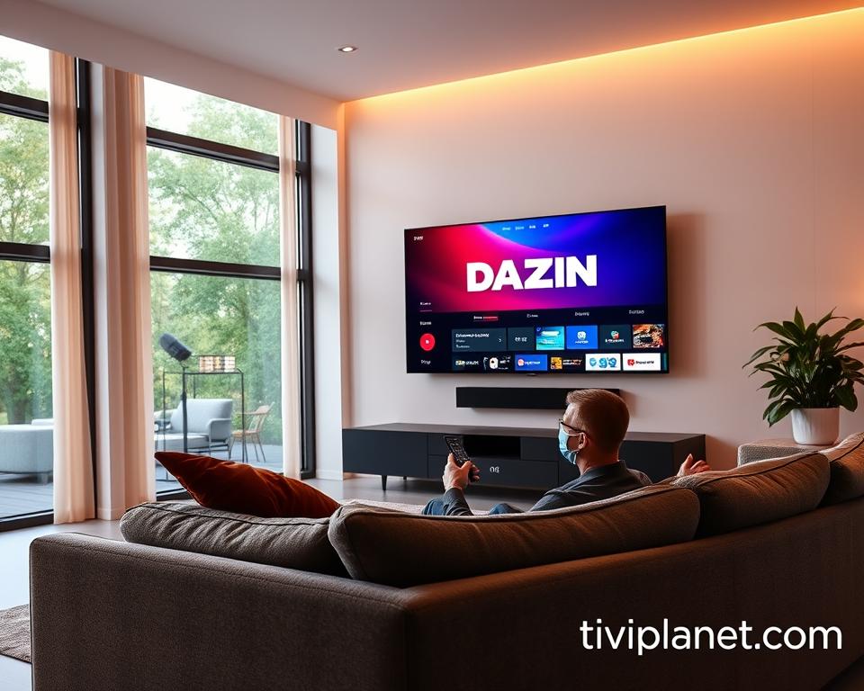A sleek, modern living room with a large flat-screen TV mounted on the wall. The TV displays the DAZN logo and interface, showcasing the IPTV streaming service. In the foreground, a person sits comfortably on a plush couch, holding a remote control and interacting with the DAZN app. The room is illuminated by a combination of natural light from large windows and warm, ambient lighting, creating a cozy and inviting atmosphere. The overall scene conveys the ease and convenience of accessing DAZN content through an IPTV setup. In the bottom right corner, the text "tiviplanet.com" is discreetly displayed.