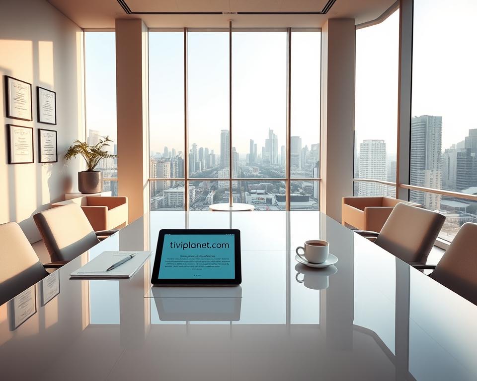 A sleek, modern office interior with floor-to-ceiling windows overlooking a vibrant cityscape. The room is bathed in warm, natural lighting that casts a soft glow on the clean, minimalist furniture. In the center of the room, a large, glossy table dominates, with a laptop, papers, and a cup of coffee arranged neatly. On the table, a tablet displays the website "tiviplanet.com", showcasing the legal and regulatory landscape of IPTV in Germany. The walls are adorned with framed legal documents and certificates, conveying a sense of professionalism and authority. The overall atmosphere is one of sophistication, legality, and a focus on the nuances of the German IPTV market.