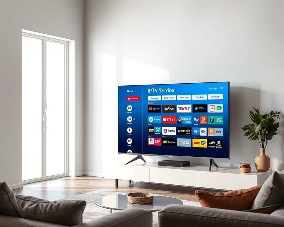 A sleek, modern smart TV with the tiviplanet.com IPTV Pro interface prominently displayed on the screen. The TV is positioned in a minimalist living room setting, with clean lines and soft, natural lighting filtering in through large windows. The TV is surrounded by modern furniture and decor, creating a cohesive and visually appealing scene. The IPTV Pro interface showcases its intuitive, user-friendly design, highlighting the seamless integration between the smart TV and the IPTV service. The overall atmosphere conveys a sense of technology, convenience, and high-end living.
