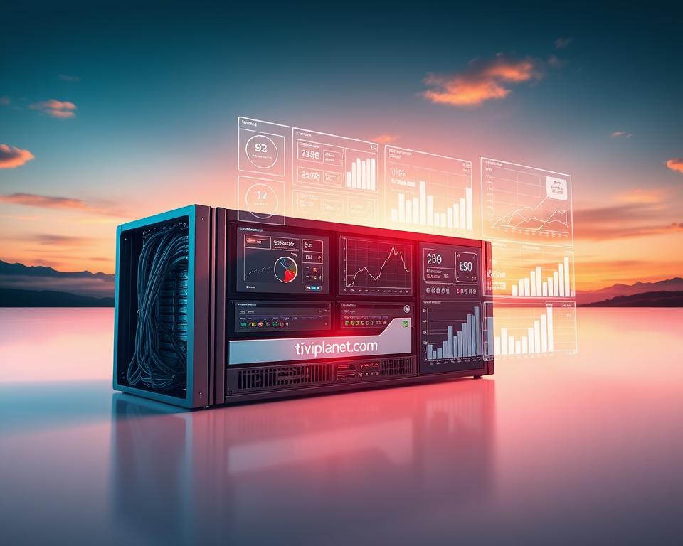 A sophisticated digital illustration showcasing the "IPTV Stream Optimierung" concept. In the foreground, a sleek, futuristic server rack with intricate cable management and cooling systems, emblazoned with the "tiviplanet.com" brand. The middle ground depicts a series of data visualizations, graphs, and statistics overlaying the server, highlighting the performance metrics and optimization techniques. In the background, a serene, minimalist landscape with a striking contrast of warm and cool tones, creating a sense of technological harmony. The overall mood is one of innovation, efficiency, and a forward-thinking approach to IPTV stream management and optimization.