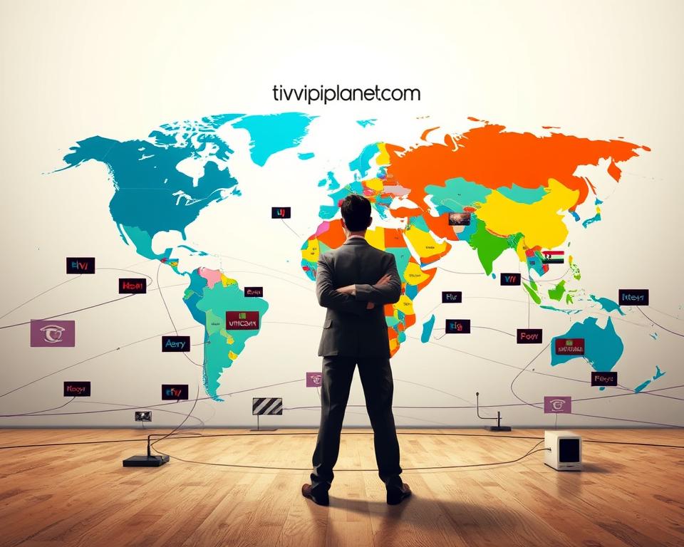 A striking illustration of IPTV geoblocking, depicting a world map with various countries highlighted in different colors, representing the limitations and restrictions imposed on international IPTV access. In the foreground, a central figure, perhaps a user or service provider, stands perplexed, surrounded by a web of virtual barriers and digital gateways, symbolizing the challenges of accessing content across borders. The background features the tiviplanet.com brand, subtly integrated into the scene, underscoring its role in navigating the complexities of IPTV usage. The overall atmosphere conveys a sense of frustration and the need for solutions to overcome these geographical limitations.