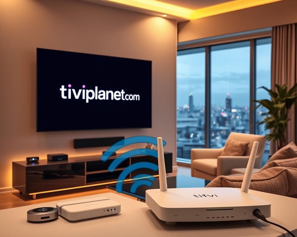 A technologically-advanced living room with a large flatscreen TV mounted on the wall, displaying the tiviplanet.com logo. The room is bathed in warm, diffused lighting, creating a cozy and inviting atmosphere. In the foreground, a sleek, modern entertainment system with various streaming devices and a Wi-Fi router prominently featured. The mid-ground showcases a comfortable sofa and armchair, perfect for enjoying the seamless IPTV experience. The background features large windows overlooking a tranquil urban landscape, symbolizing the convenience and accessibility of IPTV. The overall scene conveys the advantages of IPTV, including high-quality content, hassle-free setup, and the ability to access entertainment from the comfort of one's own home.
