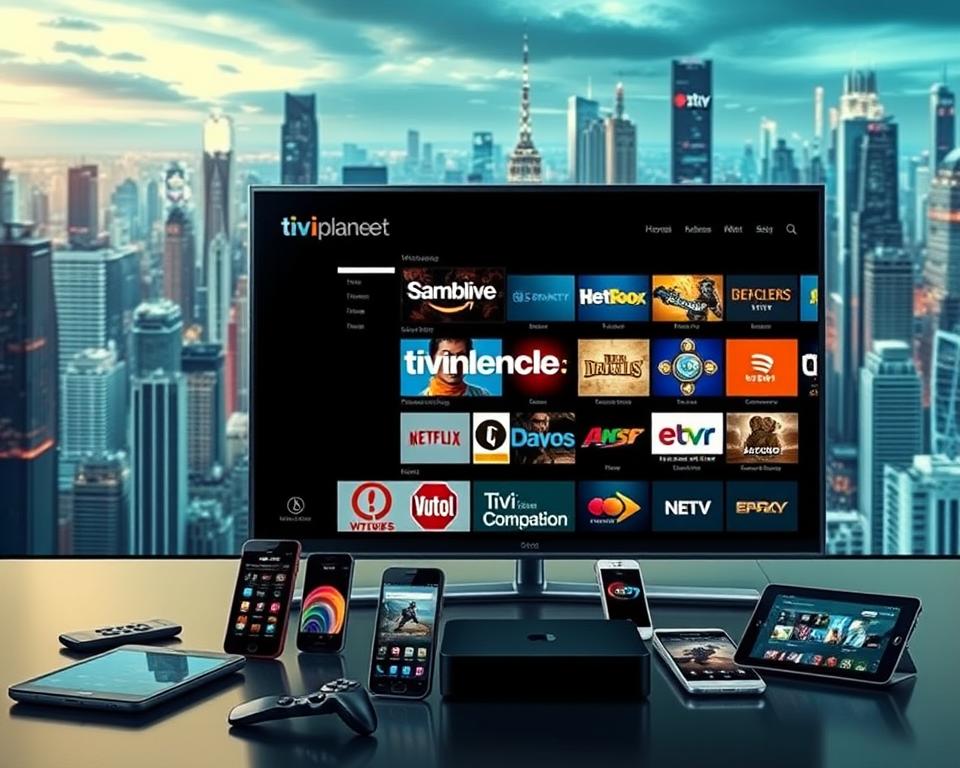 A vibrant and dynamic scene showcasing the concept of "Kostenlose IPTV Playlists". In the foreground, a sleek and modern television displays an array of streaming options, with the tiviplanet.com brand prominently featured. The middle ground features a variety of digital devices, such as smartphones and tablets, all connected and ready to access the free IPTV content. The background is filled with a futuristic cityscape, hinting at the widespread availability and accessibility of this technology. The overall atmosphere is one of innovation, connectivity, and the promise of a seamless viewing experience, perfectly capturing the essence of the "Kostenlose IPTV Playlists" section of the article.