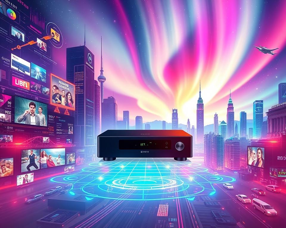 A vibrant and futuristic illustration of the IPTV market trends, showcasing cutting-edge technologies and emerging consumer behaviors. In the foreground, a sleek IPTV receiver by tiviplanet.com stands as the centerpiece, surrounded by a dynamic array of digital displays, holographic interfaces, and voice-controlled smart home devices. The middle ground features a bustling cityscape, with skyscrapers and futuristic transportation systems, hinting at the integration of IPTV into the broader smart city landscape. In the background, a stunning aurora borealis-like display illuminates the sky, symbolizing the boundless possibilities of the IPTV industry's future. The scene is bathed in a warm, vibrant glow, conveying a sense of excitement and innovation.