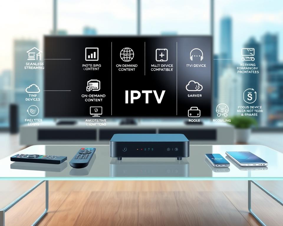 A vibrant and modern illustration depicting the key advantages of IPTV technology. In the foreground, a sleek and stylish IPTV set-top box rests on a minimalist glass table, surrounded by various remote controls and smart devices. The middle ground showcases a range of IPTV benefits, such as seamless streaming, on-demand content, and multi-device compatibility, conveyed through intuitive icons and infographic-style elements. The background features a blurred cityscape, hinting at the global connectivity and accessibility of IPTV. The overall aesthetic is clean, futuristic, and professional, capturing the cutting-edge nature of IPTV. Tiviplanet.com