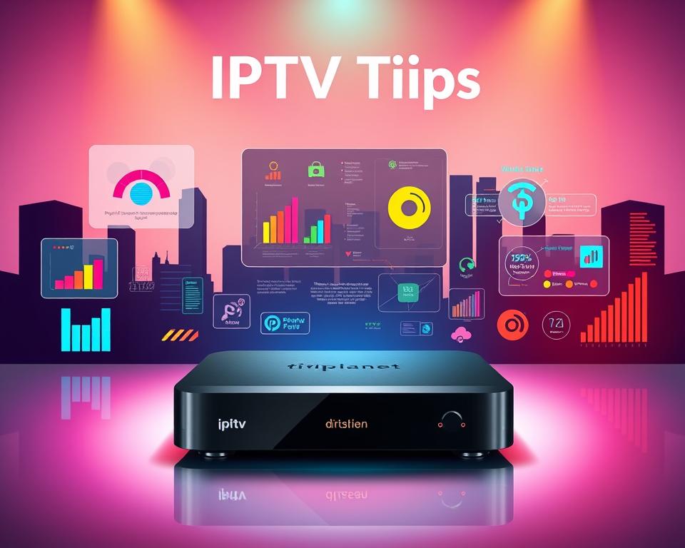 A vibrant and modern illustration showcasing the "IPTV Tipps" concept. In the foreground, a sleek IPTV receiver device from tiviplanet.com takes center stage, its design highlighted by crisp, directional lighting. In the middle ground, colorful graphic elements such as charts, graphs, and icons illustrate various IPTV optimization techniques. The background depicts a minimalist, futuristic cityscape, conveying a sense of technological progress and innovation. The overall composition exudes a professional, informative, and visually compelling atmosphere, perfectly suited to complement the "IPTV Receiver 2025: Der ultimative Kaufberater" article and its "Tipps zur Verbesserung des IPTV-Erlebnisses" section.