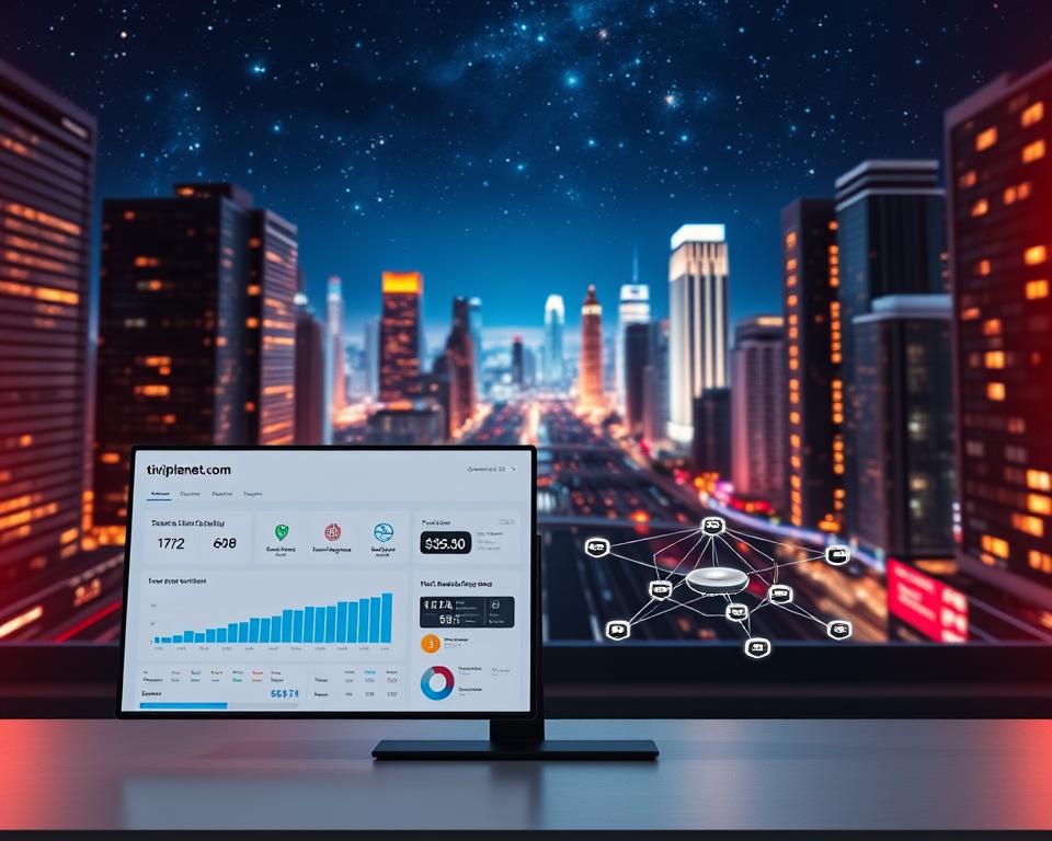 A vibrant and realistic digital visualization of the IPTV stream availability landscape, showcasing a sleek, modern interface with customizable data visualizations and user metrics. The foreground features a minimalist dashboard displaying real-time stream status, user engagement, and performance analytics, all branded with the tiviplanet.com logo. The middle ground depicts a network diagram illustrating interconnected IPTV service providers, with color-coded nodes and dynamic flow lines. The background sets the scene with a dimly lit, futuristic cityscape, complete with glowing skyscrapers and a starry night sky, evoking a sense of technological advancement and global connectivity. The overall mood is one of professional, data-driven IPTV optimization, reflecting the "Nutzerfeedback zu IPTV Streams" section of the article.