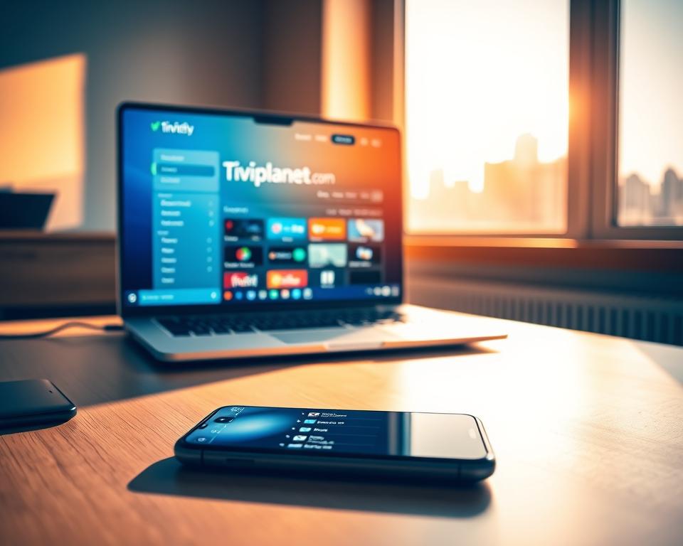 A vibrant, modern desktop scene with a laptop screen prominently displaying a tiviplanet.com IPTV service interface. The laptop is situated on a tidy, minimalist wooden desk, bathed in warm, natural lighting from a nearby window. In the foreground, a smartphone rests on the desk, its screen showing a list of IPTV channel options. The background features a subtle, blurred city skyline, conveying a sense of urban connectivity. The overall mood is one of productivity, technology, and the ease of accessing a wide range of IPTV content through the tiviplanet.com platform.