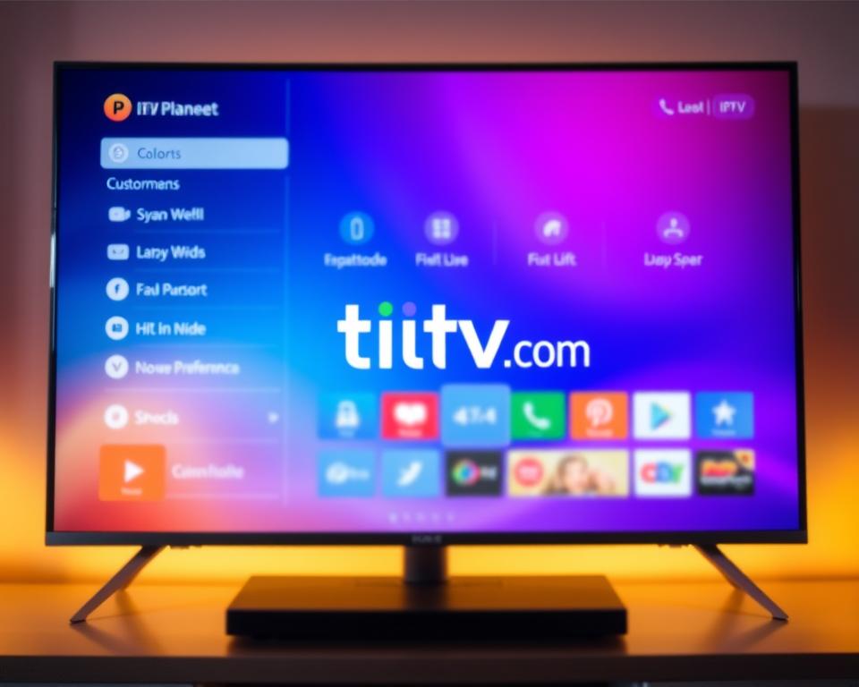 A vibrant, visually-stunning image of IPTV personalization. In the foreground, a sleek, modern television set displays a personalized user interface, showcasing various customizable options and preferences. The middle ground features a stylized representation of the tiviplanet.com brand, emphasizing the idea of a personalized IPTV experience. The background is a soft, blurred gradient, creating a sense of depth and drawing the viewer's attention to the central elements. The lighting is warm and inviting, with subtle highlights accentuating the user interface and branding. The overall composition conveys a sense of personalization, control, and a visually appealing IPTV experience.