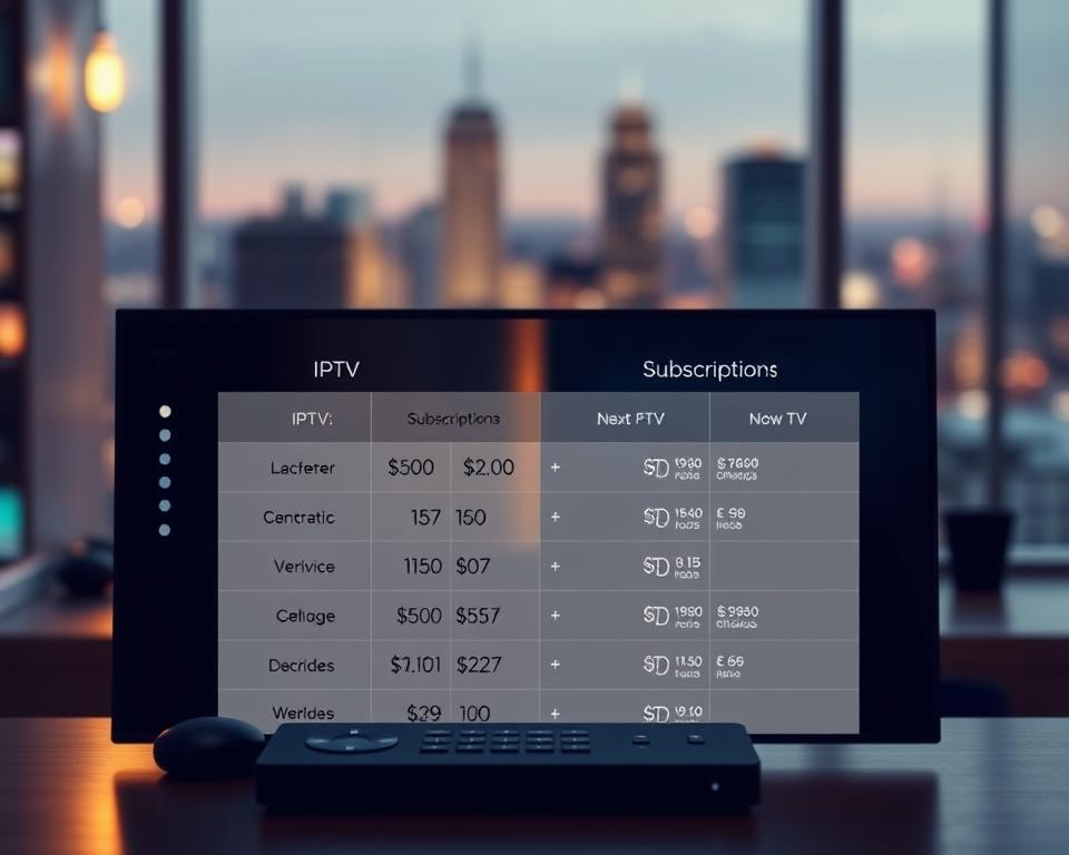 A visually striking comparison of the costs between IPTV and cable-based TV services. The foreground depicts a sleek, minimalist dashboard with intuitive controls, highlighting the user-friendly interface of IPTV platforms like tiviplanet.com. The middle ground showcases a detailed breakdown of pricing and subscription options, presented in a clean, infographic-style layout. The background features a soft, blurred cityscape, conveying a sense of modern, urban living where digital entertainment options are seamlessly integrated. The lighting is warm and inviting, with a subtle depth of field that draws the viewer's attention to the key information. The overall aesthetic strikes a balance between professionalism and approachability, making the comparison between IPTV and cable TV services clear and accessible.