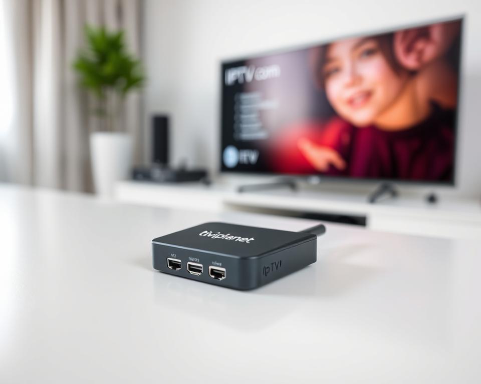 A well-lit, high-resolution image of a modern IPTV stick from the brand "tiviplanet.com" on a minimalist white table, showcasing its sleek design and connections. The stick is positioned prominently in the foreground, with a subtle blur in the background to focus attention. The lighting is soft and even, creating a clean, professional atmosphere. The angle captures the stick from a slightly elevated perspective, emphasizing its compact size and portability. The overall mood is one of simplicity, quality, and user-friendliness, reflecting the positive "Nutzererfahrungen" (user experiences) with this IPTV solution.