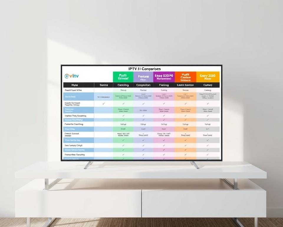 A well-lit, professional-looking comparison chart showcasing the key features of leading IPTV services. The chart is displayed on a sleek, minimalist table against a soft, muted background. The tiviplanet.com logo is subtly integrated into the design. The chart itself is crisp and easy to read, highlighting the service names, pricing, channel selection, and other crucial data points. The overall mood is informative and visually appealing, guiding the viewer through the IPTV landscape in a clear and concise manner.