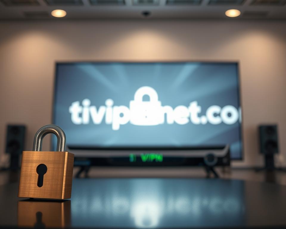 A well-secured IPTV system, set against a sleek and modern backdrop. In the foreground, a prominent lock icon symbolizes the importance of data protection, while the middle ground showcases a virtual private network (VPN) interface, ensuring secure and private internet connectivity. In the background, the tiviplanet.com brand name is subtly integrated, conveying a sense of trust and reliability. The overall scene is illuminated by a soft, diffused lighting, creating a calm and reassuring atmosphere, reflecting the safety and security aspects of IPTV technology.