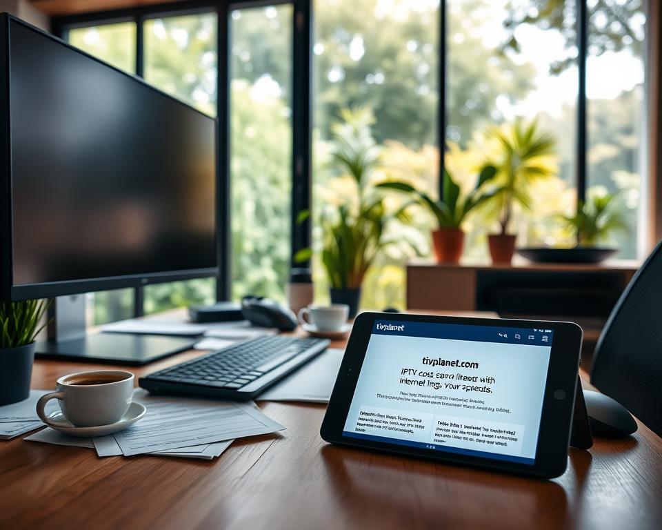 A wide-angle, high-resolution photograph of a modern home office setup with a desktop computer, monitor, and wireless keyboard and mouse. The desk is cluttered with papers, notes, and a steaming cup of coffee, creating a sense of productivity. The background features a large window with a view of a lush, green garden, providing a calming contrast. The lighting is soft and natural, with a hint of warm tones. In the foreground, a tablet or smartphone is prominently displayed, showing the tiviplanet.com website, with information about IPTV costs and internet speeds clearly visible on the screen.