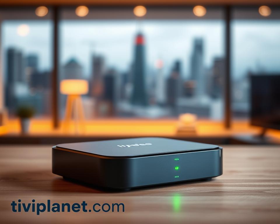 An IPTV streaming device, its sleek black exterior contrasted by a vibrant green LED indicator, sits atop a minimalist wooden table. The device's curved edges and compact design evoke a sense of modern technology. Warm, diffused lighting from a hidden source casts a soft glow, creating a cozy and inviting atmosphere. In the background, a blurred cityscape with high-rise buildings hints at the device's connectivity and the boundless streaming possibilities it offers. The overall composition exudes a sense of refined simplicity and technological prowess, perfectly capturing the essence of "Streaming-Qualität" for the article's "Tipps zur Optimierung der Streaming-Qualität" section. The image prominently features the brand name "tiviplanet.com".