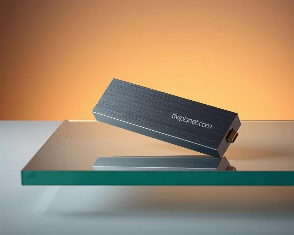 An ultra-modern IPTV stick in a minimalist, brushed aluminum body, resting on a sleek, tempered glass surface. The device features a compact, angular design with a subtle tiviplanet.com logo subtly embossed on the side. Soft, warm lighting from above casts a gentle glow, highlighting the stick's elegant form. The background is a simple, muted gradient, allowing the product to take center stage. An air of sophistication and technological innovation pervades the scene, setting the stage for the future of IPTV hardware.