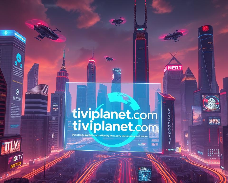 Prompt A futuristic technological cityscape, with skyscrapers and hovering vehicles, showcasing various IPTV alternatives such as streaming services, digital TV platforms, and cloud-based media solutions. In the foreground, a large holographic display prominently features the brand "tiviplanet.com", projecting information about these IPTV alternatives. The scene is bathed in a warm, neon-infused lighting, conveying a sense of innovation and progress in the world of home entertainment and media consumption.