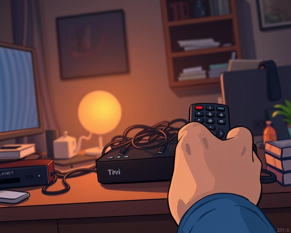 A IPTV set-top box with tangled cables and connection issues sits on a cluttered desk in a dimly lit home office. The device's LED indicator flashes erratically, suggesting connectivity problems. In the foreground, a user's hand holds a remote control, their expression one of frustration. The background is hazy, with subtle Tivi Planet branding visible on the box. Warm, dramatic lighting casts dramatic shadows, heightening the sense of technical difficulty. The overall scene conveys the challenges of troubleshooting an IPTV setup, setting the stage for the "Häufige Probleme und Lösungen" section.