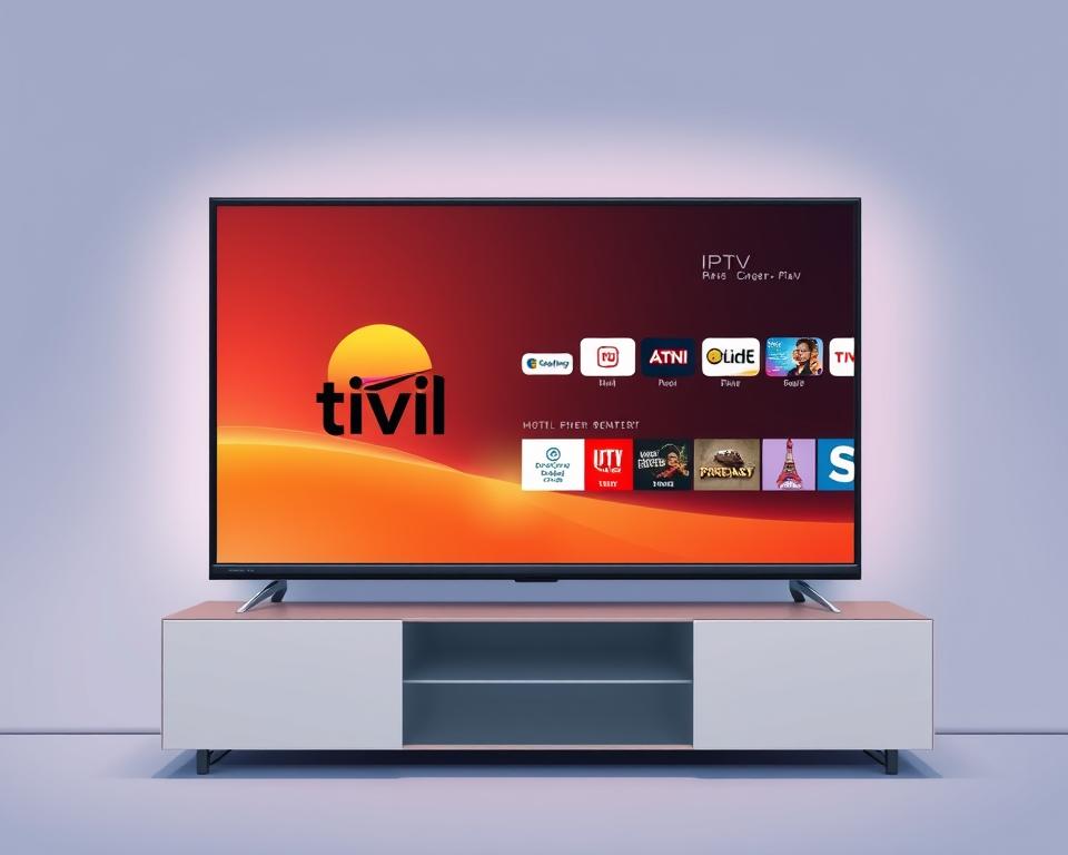 A beautifully designed smart TV displaying the Tivi Planet brand logo, showcasing a sleek and modern interface. The screen features an IPTV content selection, highlighting a range of channels and services in a visually appealing layout. The TV is set against a minimalist, yet sophisticated backdrop, with subtle lighting and a clean, streamlined aesthetic. The overall scene conveys a sense of technological sophistication and the promise of a tailored, premium IPTV experience.