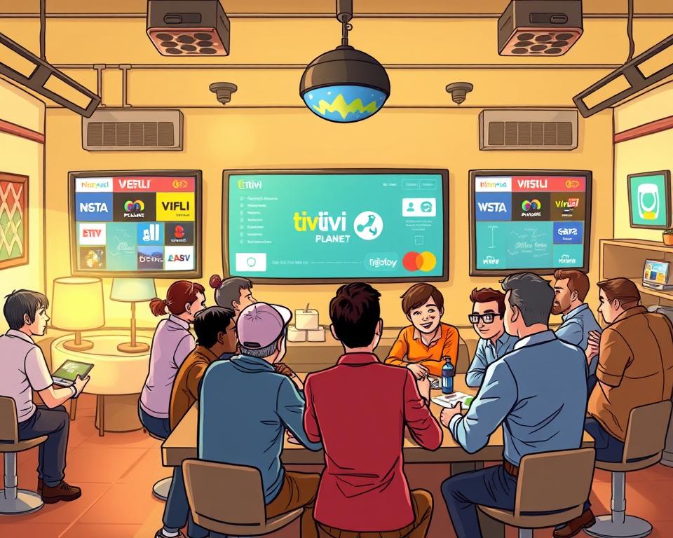 A bustling community hub for IPTV enthusiasts, with a warm, inviting atmosphere. In the foreground, a group of people gathered around a large table, engaged in lively discussions and problem-solving sessions. The middle ground features a wall of monitors, displaying various IPTV-related content and services, with the Tivi Planet brand prominently featured. The background showcases a cozy, well-lit space, with comfortable seating and a sense of camaraderie. The overall mood is one of collaboration, knowledge-sharing, and a shared passion for seamless streaming experiences.