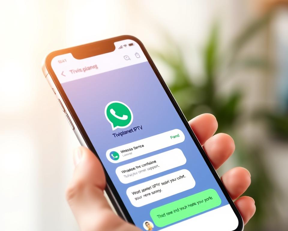 A busy WhatsApp chat interface on a smartphone screen, showcasing the Tivi Planet IPTV customer service logo and icons. The screen is well-lit, with a soft, warm glow. The chat bubbles display a friendly, conversational tone, demonstrating the brand's commitment to reliable and responsive support. The phone is held in a natural hand position, creating a sense of user engagement. The background is blurred, keeping the focus on the interface and creating a professional, contemporary atmosphere.
