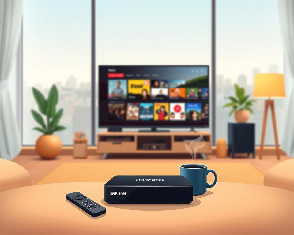 A captivating IPTV test scene set in a cozy living room. In the foreground, a sleek black IPTV box with the "Tivi Planet" branding prominently displayed, surrounded by a minimalist remote control and a mug of steaming coffee. The middle ground features a flat-screen TV displaying a vibrant and crisp IPTV interface, showcasing a variety of on-demand content and live channels. The background depicts a warm, inviting atmosphere with soft lighting, tasteful decor, and large windows overlooking a scenic urban landscape. The overall mood evokes a sense of comfort, convenience, and technology integration in the modern home.