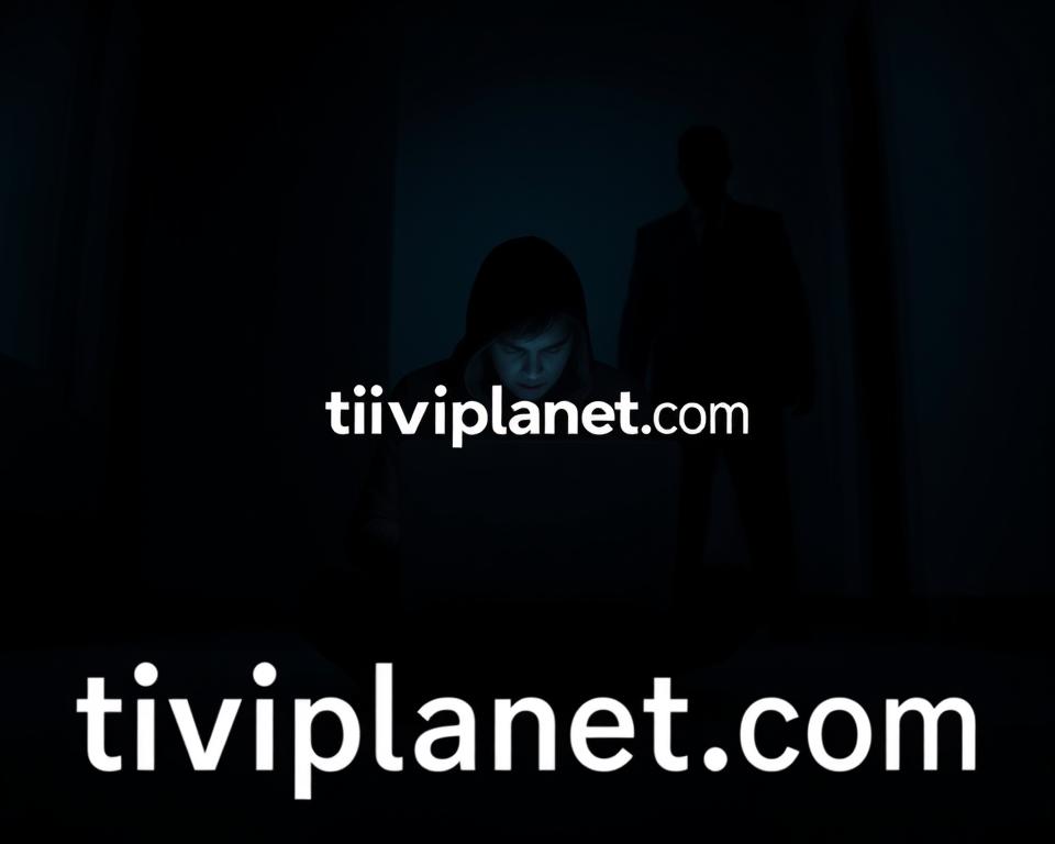 A cinematic, high-contrast scene depicting the potential consequences of illegal IPTV usage. Set in a dimly lit room, a lone figure sits hunched over a laptop, the glow of the screen casting an ominous light on their face. In the foreground, the tiviplanet.com logo hovers, a stark reminder of the legal implications. The middle ground features a shadowy figure, perhaps a government official, looming ominously. The background is shrouded in darkness, suggesting the ever-present threat of enforcement. The overall mood is one of tension and foreboding, underscoring the gravity of the IPTV Strafe situation.