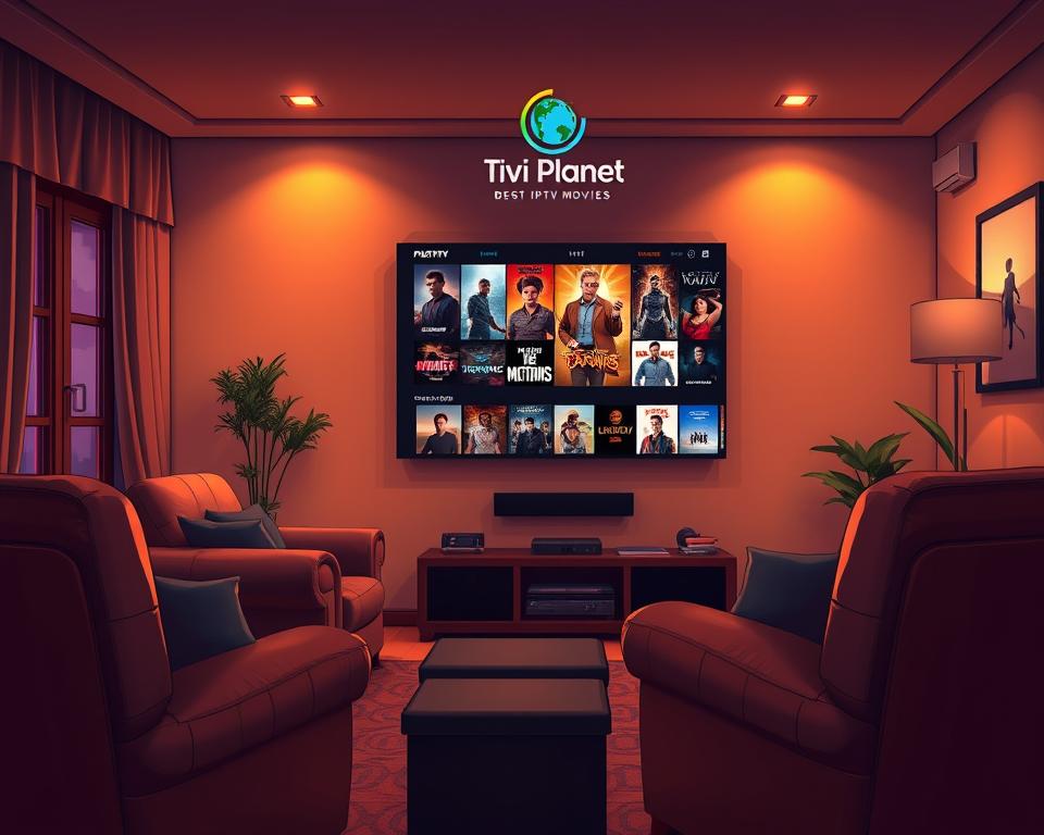 A cinematic view of a cozy living room with plush leather armchairs, a large flat-screen TV mounted on the wall, and a Tivi Planet logo prominently displayed. Soft, warm lighting illuminates the space, creating a inviting ambiance. On the TV screen, a diverse selection of the best IPTV movies for 2023 are showcased, their vibrant colors and captivating storylines drawing the viewer in. The room exudes a sense of comfort and relaxation, perfect for an evening of immersive entertainment.