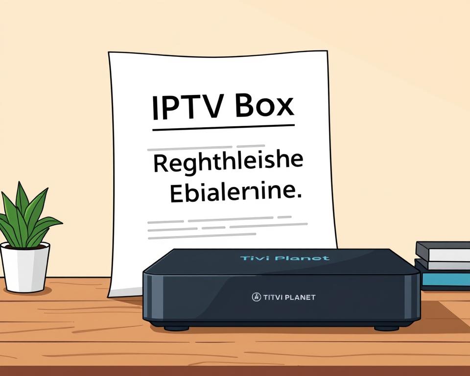 A clean and minimalist legal document with the heading "IPTV Box Rechtliche Grundlagen" displayed prominently on a wooden desk. The document is accompanied by a Tivi Planet IPTV box in the foreground, its sleek design and modern aesthetic complementing the professional atmosphere. The background features a soft, neutral color palette, with subtle lighting creating a warm and authoritative tone. The overall composition conveys a sense of legality, regulation, and the responsible use of IPTV technology within a home setting.