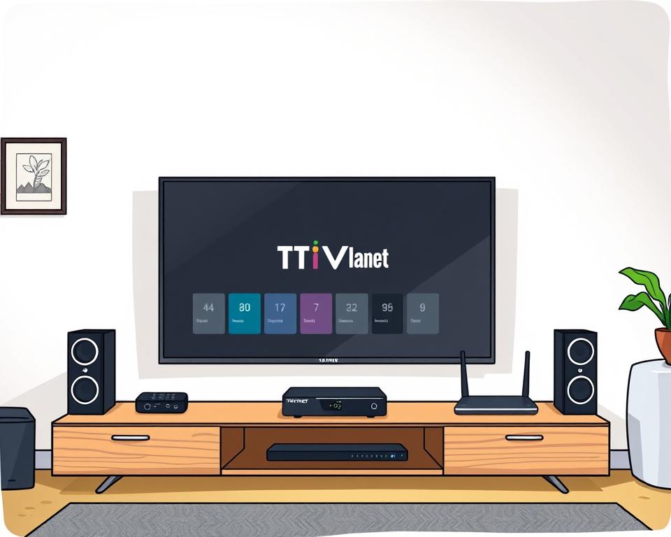 A clean, well-lit home entertainment setup with a modern smart TV from the Tivi Planet brand prominently displayed. The TV is surrounded by various IPTV devices and accessories, including a streaming box, remote control, and network router, all neatly arranged on a minimalist wooden entertainment center. The scene conveys a sense of simplicity and ease of use, reflecting the "Schritt-für-Schritt-Anleitung zur Einrichtung" section of the article. Soft, diffused lighting illuminates the setup, creating a warm and inviting atmosphere.
