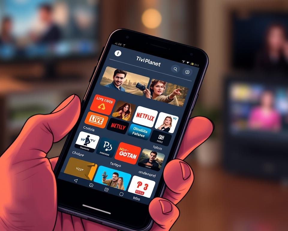 A close-up view of a smartphone displaying the Tivi Planet mobile IPTV app, its sleek interface showcasing a variety of live TV channels and on-demand content. The screen is illuminated by a soft, warm light, creating a cozy, intimate atmosphere. The device is held in a hand, highlighting the portability and convenience of accessing IPTV on the go. The background is blurred, emphasizing the focus on the mobile experience. The overall composition conveys the idea of seamless, untethered entertainment, perfect for the "IPTV für unterwegs" section of the article.