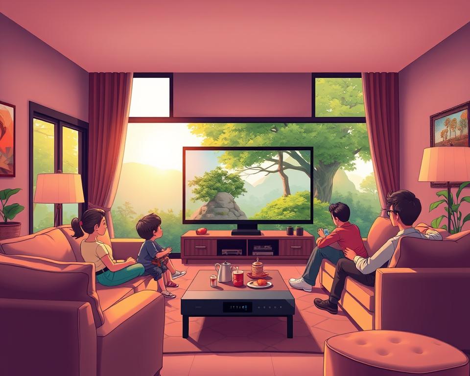 A cozy living room, bathed in warm, soft lighting, as a family gathers around a large screen, immersed in a family-friendly IPTV film. In the foreground, plush sofas and armchairs provide a comfortable setting, while a coffee table holds snacks and drinks. The middle ground features a modern entertainment system, including the Tivi Planet IPTV device, seamlessly integrated into the decor. The background showcases a serene, nature-inspired scene, with large windows letting in natural light and lush greenery visible outside. The overall atmosphere exudes a sense of togetherness, relaxation, and the joy of shared cinematic experiences.