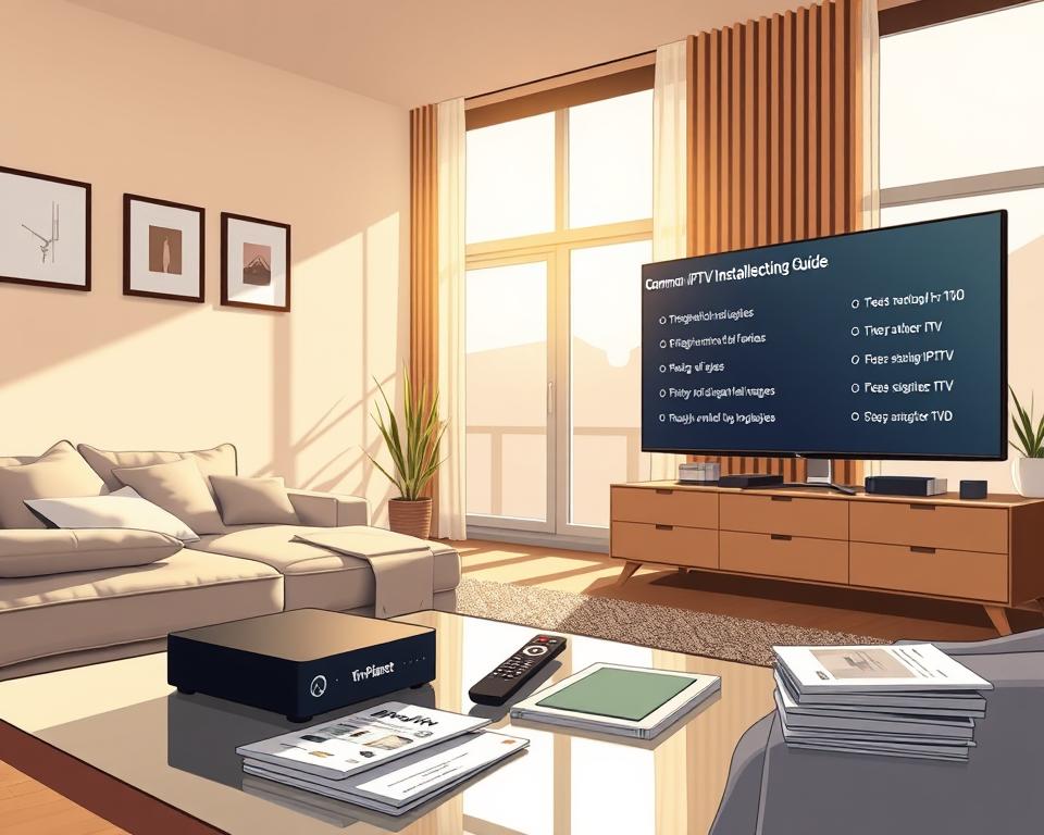 A cozy living room in a modern apartment, bathed in warm, natural light filtering through large windows. On the coffee table, a sleek Tivi Planet IPTV box sits alongside a remote control and a neatly arranged stack of instruction manuals. The walls are adorned with minimalist artworks, hinting at the homeowner's refined taste. In the background, a large flatscreen TV displays a troubleshooting guide, highlighting common IPTV installation issues and their solutions. The overall atmosphere conveys a sense of calm and confidence, as if the homeowner has effortlessly resolved their IPTV setup challenges.