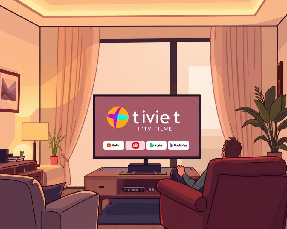 A cozy living room scene, bathed in warm, inviting lighting. In the foreground, a sleek, modern television displays the Tivi Planet logo, showcasing its IPTV Filme offerings. The middle ground features a comfortable sofa and armchair, where a person relaxes and engages with the content. The background depicts a stylish, minimalist home interior, with clean lines and neutral tones. The overall atmosphere exudes a sense of tranquility and enjoyment, reflecting the positive user experiences with Tivi Planet.
