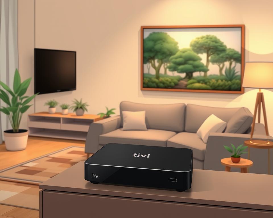 A cozy living room scene with a Tivi Planet IPTV box prominently displayed on a modern, minimalist TV stand. The box has a sleek, black matte finish and a discreet brand logo. Soft, warm lighting from a nearby table lamp creates a inviting atmosphere, while a plush, gray sectional sofa and a large, framed nature print on the wall suggest a family-friendly, comfortable setting. The IPTV box is the focal point, surrounded by a few potted plants and a small, wooden side table to convey a sense of lifestyle and integration into the home environment.