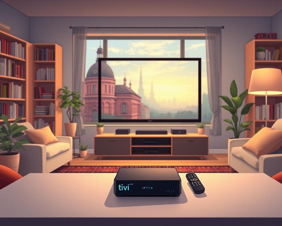 A cozy living room scene with a modern IPTV setup. In the foreground, a sleek and minimal entertainment center houses a Tivi Planet IPTV box, remote controls, and a flat-screen TV displaying a vibrant, high-definition image. Soft ambient lighting casts a warm glow, while large windows in the middle ground offer a view of a peaceful German cityscape outside. In the background, bookshelves and potted plants add a touch of homey elegance. The overall atmosphere is one of comfort, convenience, and technological integration, reflecting the practical and legal tips for IPTV usage in Germany.