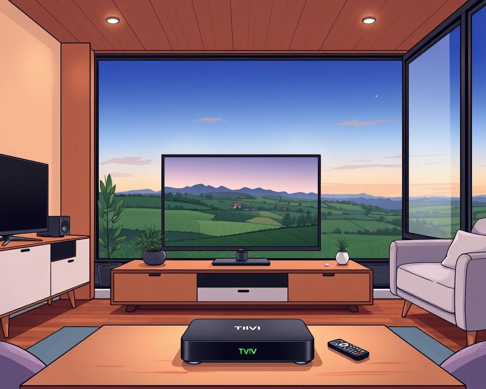 A cozy living room setting showcasing the Tivi Planet IPTV service. The space features a modern television surrounded by sleek media components, with a warm, inviting atmosphere created by soft lighting and natural wood accents. In the foreground, a remote control and a Tivi Planet set-top box sit on a minimalist coffee table, hinting at the user-friendly experience. The middle ground depicts a panoramic view of the German countryside, symbolizing the regional availability of the IPTV provider. The background is a serene, twilight sky, conveying a sense of comfort and relaxation associated with home entertainment.