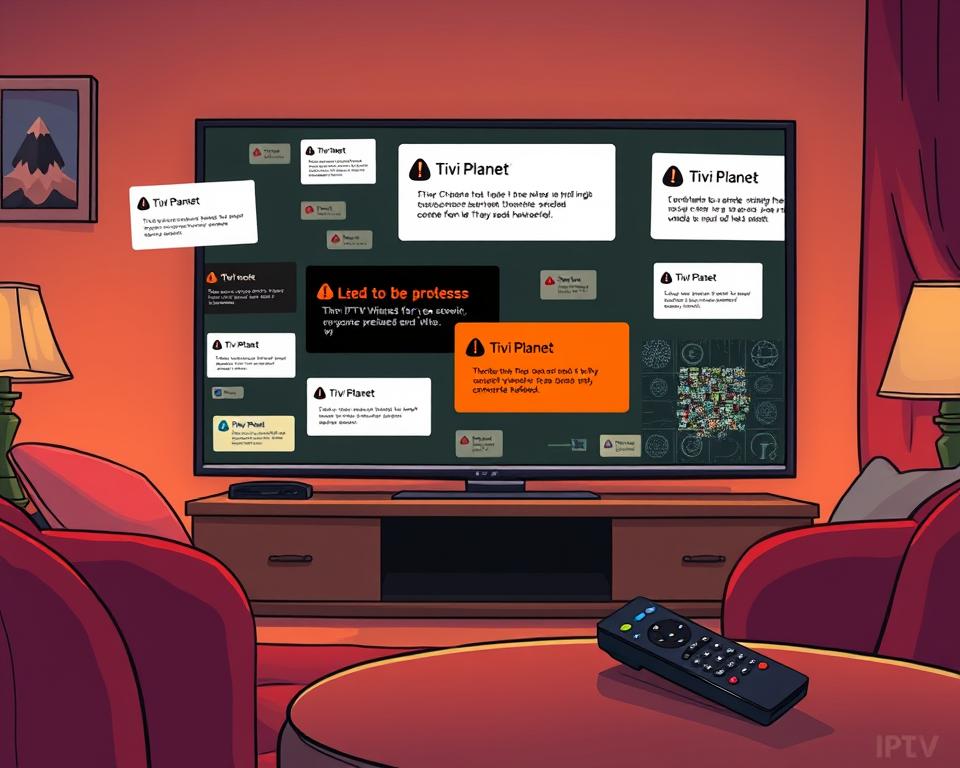 A cozy living room setting, with a large TV screen prominently displayed. On the screen, various error messages and glitchy visuals indicate IPTV problems, such as network connection issues, buffering, and pixelated video. The room is illuminated by a warm, ambient lighting, creating a sense of frustration and concern. In the foreground, a Tivi Planet remote control lies on a side table, hinting at the user's attempts to troubleshoot the IPTV system. The overall mood is one of mild distress, with the viewer empathizing with the challenges of maintaining a reliable IPTV experience.