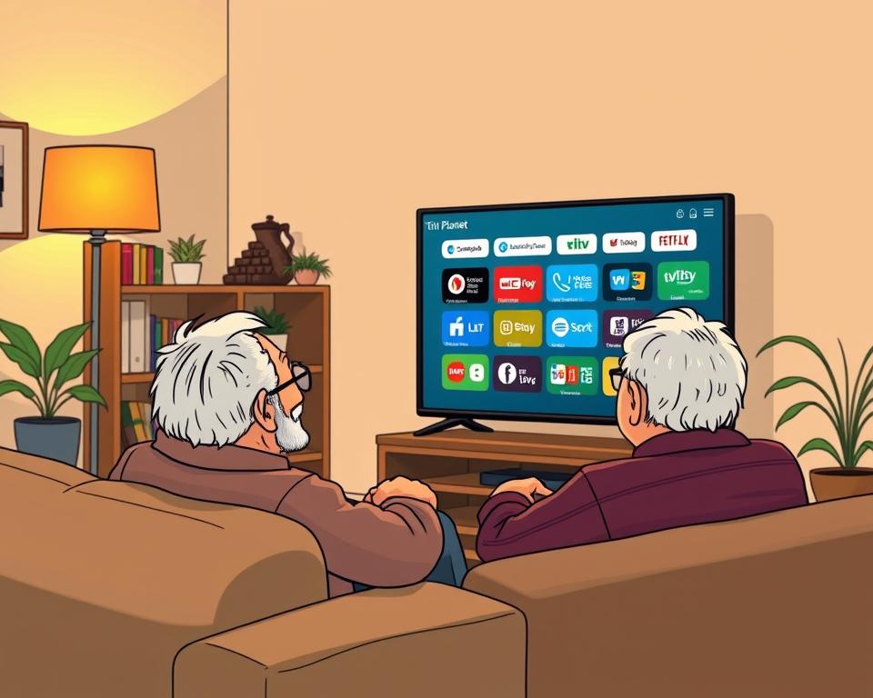 A cozy living room setting with an elderly couple sitting on a comfortable sofa, focused on a large flatscreen TV displaying the Tivi Planet IPTV interface. Warm lighting from a floor lamp casts a soft glow, creating a welcoming atmosphere. The couple appears engaged, with expressions of understanding and contentment as they navigate the user-friendly IPTV menu. In the background, a bookshelf and plants add a touch of homeliness, reflecting the seniors' relaxed environment. The scene conveys the ease and accessibility of IPTV technology for the older generation, encouraging their adoption and enjoyment of this digital entertainment solution.