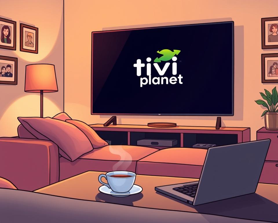 A cozy living room setup with a comfortable couch, plush pillows, and a large flat-screen TV displaying the Tivi Planet logo. The room is bathed in warm, diffused lighting, creating a relaxed and inviting atmosphere. On the coffee table, a cup of steaming hot tea and a laptop, suggesting a user reviewing their IPTV experience. The walls are adorned with framed family photos, adding a personal touch. The overall scene conveys a sense of contentment and satisfaction with the IPTV service.
