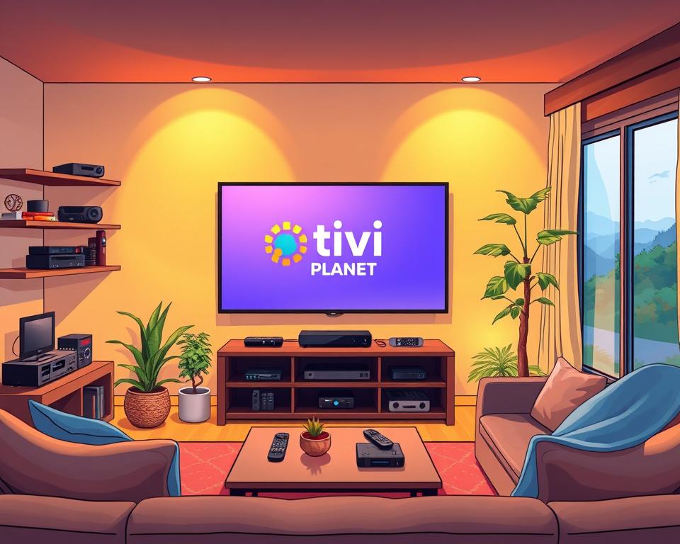 A cozy living room setup with a large flatscreen TV displaying the Tivi Planet logo. Warm lighting casts a soft glow, and an array of streaming devices, remote controls, and a sleek entertainment center create a modern, tech-savvy atmosphere. In the foreground, a comfortable sofa and coffee table invite viewers to sit back and enjoy the IPTV experience. The middle ground features potted plants and decor elements that contribute to a welcoming, homely vibe. The background showcases a large window providing natural light and a scenic outdoor view, symbolizing the seamless integration of IPTV into everyday life.