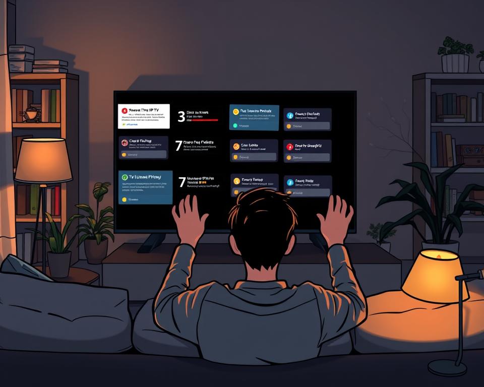 A cozy living room with a Tivi Planet smart TV prominently displayed. The TV screen shows various IPTV error messages and buffering symbols, indicating connectivity issues. In the foreground, a person sitting on a comfortable sofa looks frustrated, hands raised in exasperation. The room is dimly lit, creating a sense of tension and annoyance. Soft, warm lighting from a nearby lamp casts shadows across the scene, adding depth and drama. The background features bookshelves and potted plants, suggesting a modern, tech-savvy home environment. The overall mood conveys the challenges and frustrations of troubleshooting IPTV problems in a relatable, domestic setting.