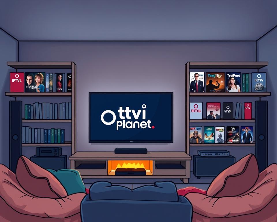 A cozy living room with a large flatscreen TV displaying the "Tivi Planet" logo. Plush cushions and a warm, inviting atmosphere set the stage for an evening of cinematic indulgence. The shelves are lined with various IPTV subscription packages, their logos and descriptions clearly visible. Soft, diffused lighting illuminates the scene, creating a sense of comfort and relaxation. The overall composition evokes a feeling of being immersed in the world of film and television, perfect for the "IPTV für Film- und Serienliebhaber" section of the article.