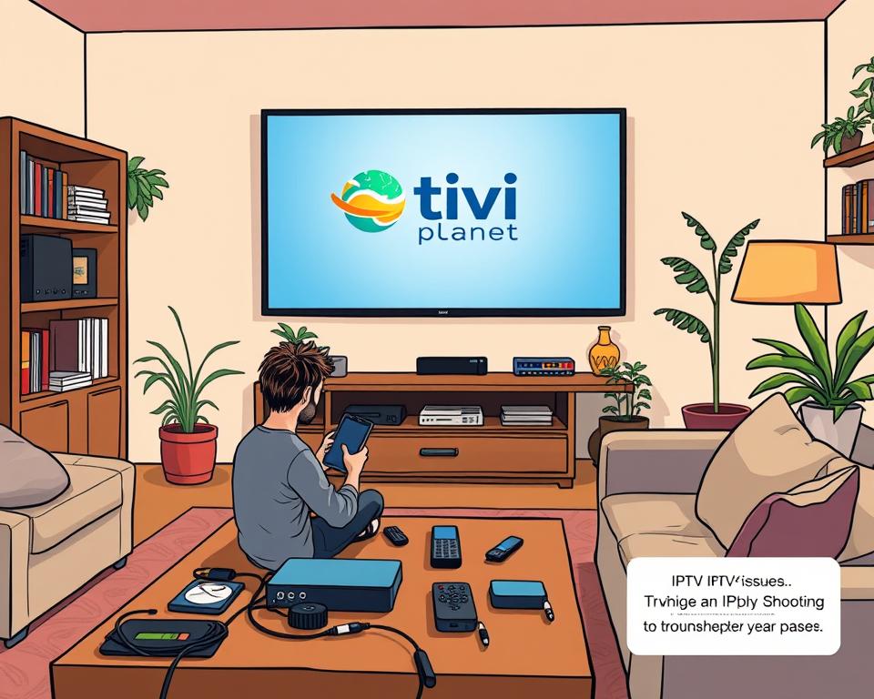 A cozy living room with a large flatscreen TV mounted on the wall, displaying the Tivi Planet logo. The room is filled with warm, soft lighting, creating a relaxing atmosphere. In the foreground, a person is sitting on a comfortable sofa, intently studying a tablet or smartphone, troubleshooting an IPTV issue. Various cables, remotes, and other technology accessories are neatly arranged on a wooden coffee table. The background features bookshelves, houseplants, and other decor elements that suggest a welcoming, tech-savvy home environment.