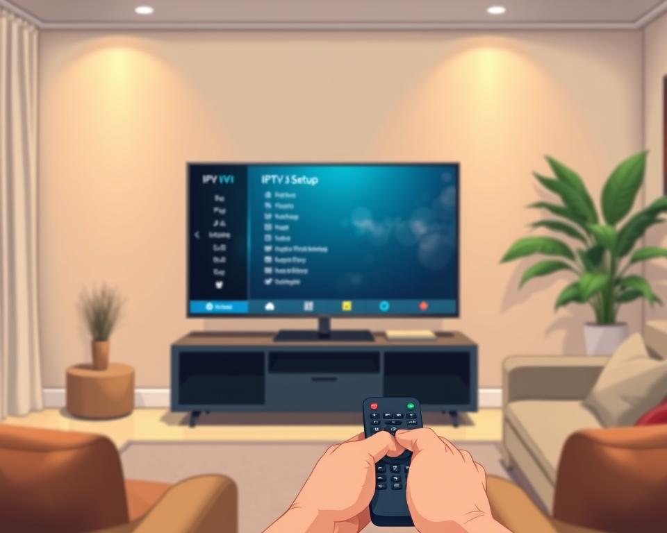 A cozy living room with a sleek Tivi Planet smart TV prominently displayed. The TV is showing the IPTV setup interface, highlighting the intuitive menu options and user-friendly navigation. Soft lighting casts a warm glow, creating a relaxed atmosphere. In the foreground, a hand operates the TV's remote control, demonstrating the seamless integration of IPTV technology. The background features subtle, blurred details of a modern home interior, emphasizing the image's focus on the TV and the IPTV setup process.
