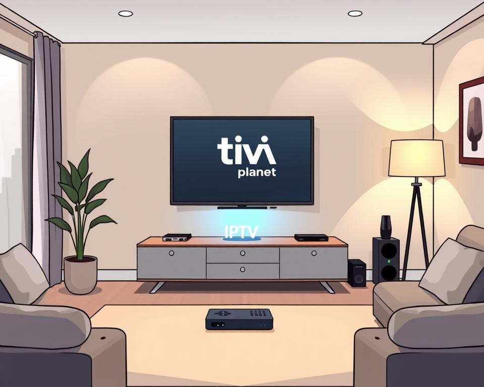 A cozy living room with a sleek, modern TV stand displaying the Tivi Planet logo. Soft lighting illuminates a streaming device and remote control, symbolizing the optimized IPTV experience. The room's neutral tones and minimalist decor create a serene, inviting atmosphere, reflecting the reliable and hassle-free IPTV service. The television screen shows a vibrant, high-quality image, hinting at the enhanced video quality achieved through IPTV optimization. The scene conveys a sense of comfort, convenience, and technological sophistication, perfectly aligning with the article's focus on improving the IPTV streaming experience.