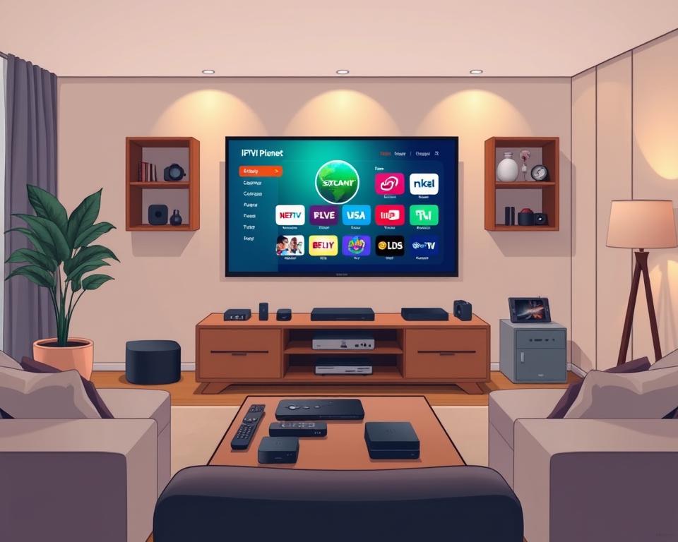 A cozy living room with a sleek, modern entertainment setup. In the center, a large flat-screen TV displays the Tivi Planet IPTV service interface, showcasing a wide selection of channels and content. Surrounding the TV are various streaming devices, remotes, and other media accessories, neatly arranged on a minimalist wooden entertainment center. Soft, warm lighting illuminates the scene, creating a inviting and relaxed atmosphere. The room's neutral color palette and clean, clutter-free design elements convey a sense of sophistication and attention to detail, perfectly suited for an article on selecting the best IPTV service.
