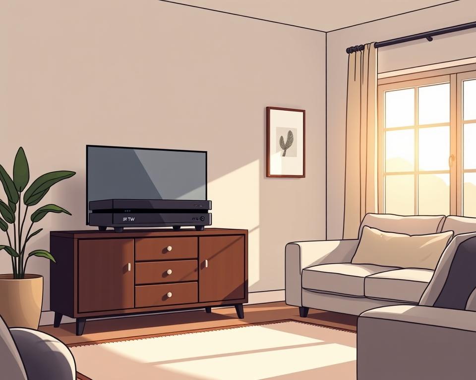 A cozy living room with warm lighting, showcasing the sleek and modern "Tivi Planet" IPTV box on a dark wooden cabinet. The box is prominently displayed, its clean lines and polished finish catching the eye. The room has a minimalist, yet inviting atmosphere, with soft gray walls and plush seating in neutral tones. Sunlight filters in through large windows, casting a gentle glow over the scene. The overall impression is one of sophistication and reliability, hinting at the high-quality IPTV service offered by "Tivi Planet".