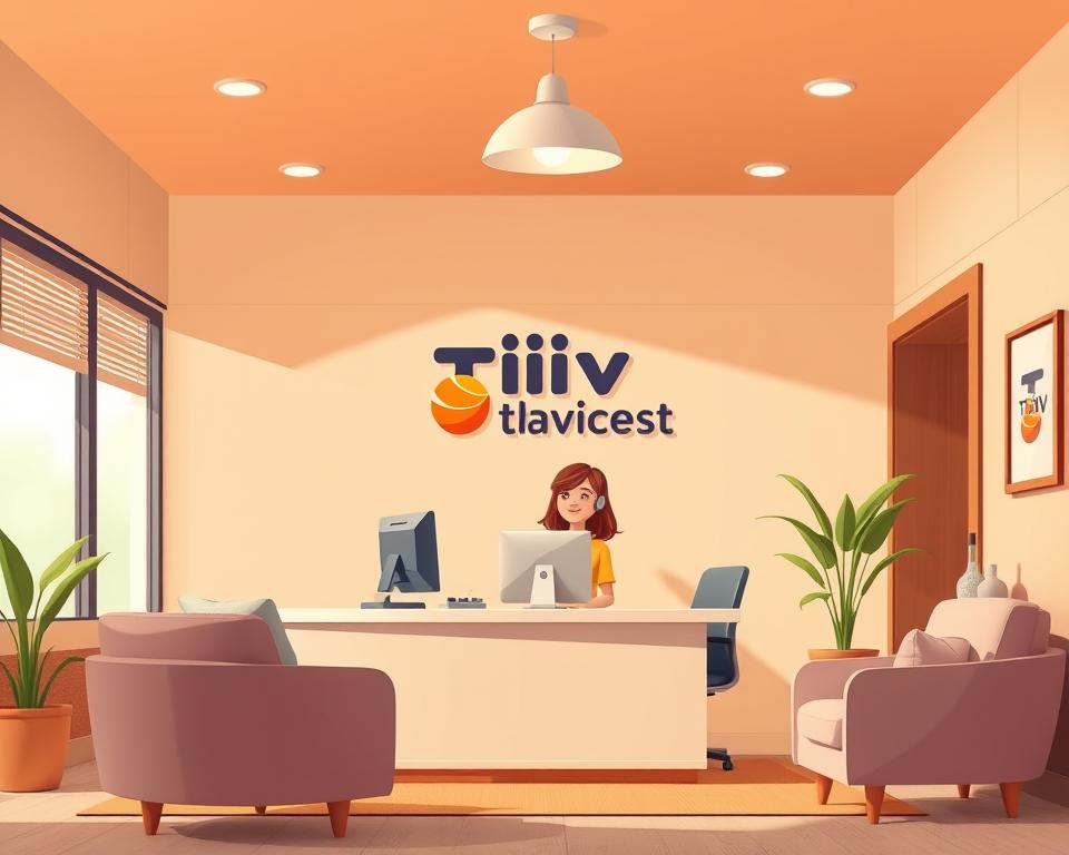 A cozy, well-lit customer service office at Tivi Planet, a prominent IPTV provider. The room features a warm, inviting color palette, with wooden accents and comfortable seating. A friendly customer service representative sits at a modern desk, ready to assist clients with any questions or issues they may have. Soft lighting from overhead fixtures casts a gentle glow, creating a professional yet approachable atmosphere. The background showcases a sleek, minimalist design, allowing the focus to remain on the helpful service being provided. The overall scene conveys a sense of reliability, efficiency, and a commitment to customer satisfaction.