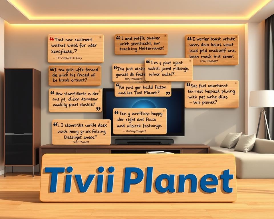 A customer testimonial board showcasing satisfied IPTV users, set against a backdrop of a modern living room with sleek, minimalist decor. Warm, natural lighting illuminates the scene, creating a welcoming and inviting atmosphere. In the foreground, a Tivi Planet brand logo is prominently displayed, highlighting the provider's role in delivering a seamless IPTV experience. The testimonials, handwritten on wooden plaques, feature positive reviews and accolades from happy customers, emphasizing the reliability and performance of the IPTV service. The overall composition captures the essence of the "IPTV ohne Ruckeln" experience, inspiring confidence and trust in the product.